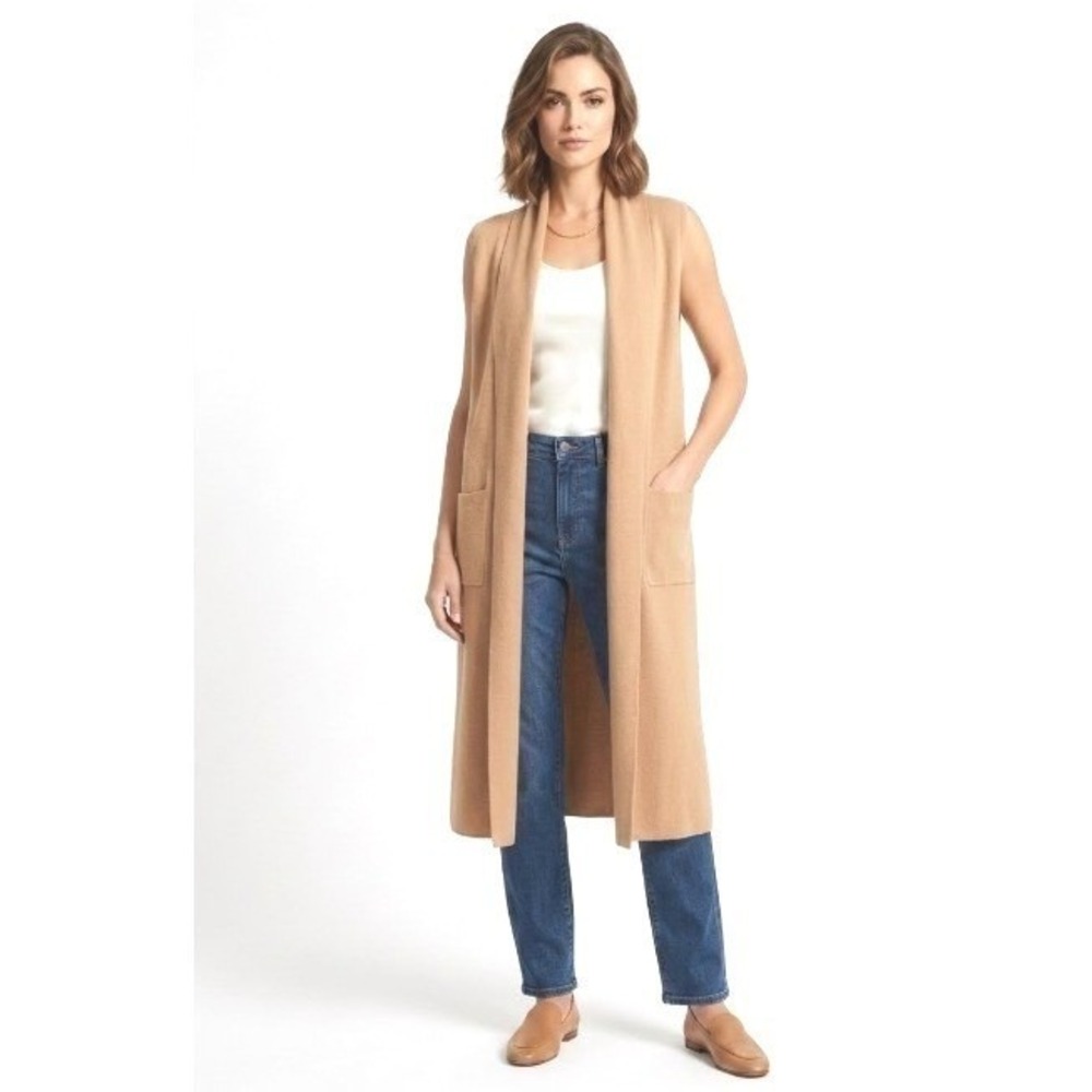 Tahari | Womens Honey Blonde Viscose Sleeveless Duster Vest Cardigan | Size S